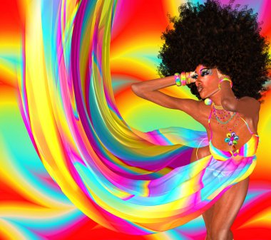 Seksi kadın Afro saç kesimi ile disko dans ediyor. Disko 80 tarzı. Renkli akan şeritler kıyafeti güzel Afrikalı kadın.