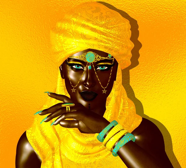 Black Arab Woman Saharan Sands Mysterious Beauty Wearing Gold Headscarf — Stock Photo, Image