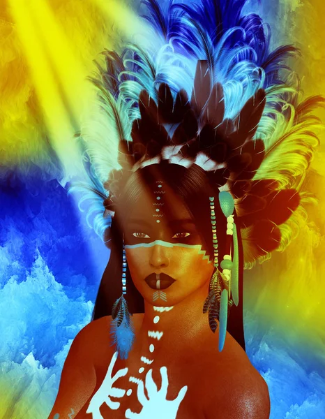 Native American Indian Female Beauty Sunset Background Painted Face Our — Stock Photo, Image