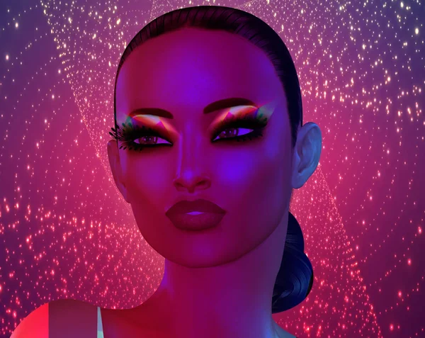 Partygirl Neonrosa Mit Leuchten Dunklen Make Und Glitzerndem Abstrakten Hintergrund — Stockfoto