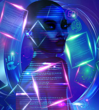 Mavi neon soyut geçmişe sahip bilim kurgu kadını, 3D modelin çıkmasına gerek yok. Teknoloji, bilim, gelecek ve daha fazlası için harika temalar..