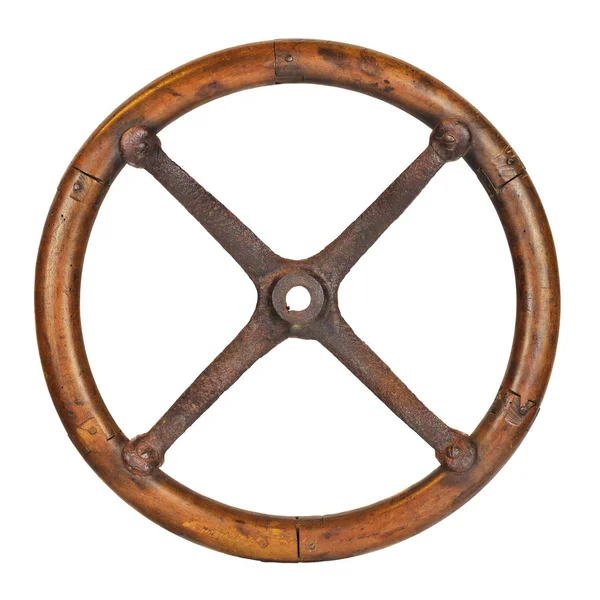 Antique wooden car steering wheel isolated on white — 스톡 사진