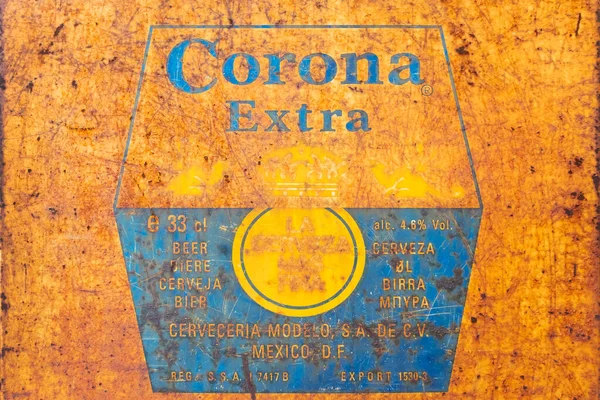 Ancient rusted steel advertising sign for Mexican Corona Beer in — 스톡 사진