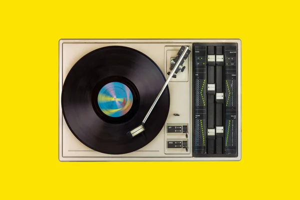 Vintage Turntable Spinning Record Yellow Background — Stock Photo, Image