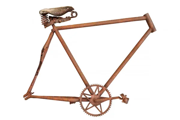 Vintage Geroest Verweerd Fietsframe Met Leren Zadel Geïsoleerd Een Witte — Stockfoto