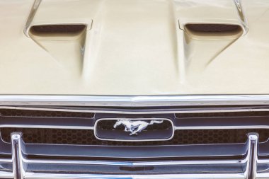 Drempt, Hollanda 'da klasik bir Amerikan Ford Mustang' inin önünde.