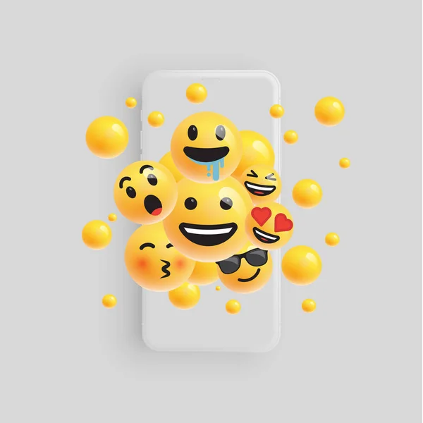 3D y diferentes tipos de emoticonos con teléfono inteligente mate, vecto — Vector de stock
