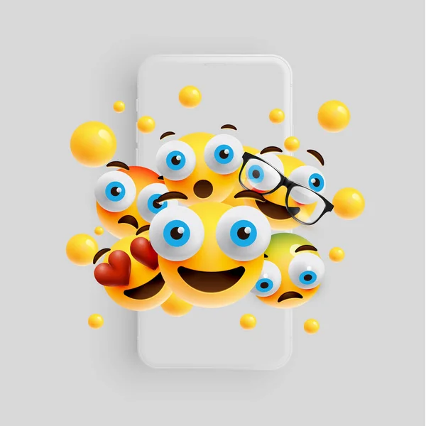 3D e diferentes tipos de emoticons com smartphone fosco, vecto — Vetor de Stock