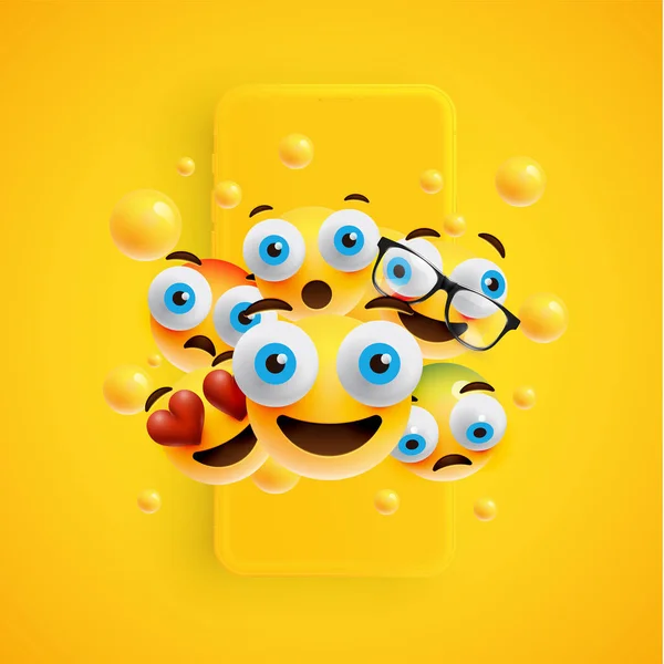 3D και διαφορετικά είδη των emoticons με ματ smartphone, vecto — Διανυσματικό Αρχείο