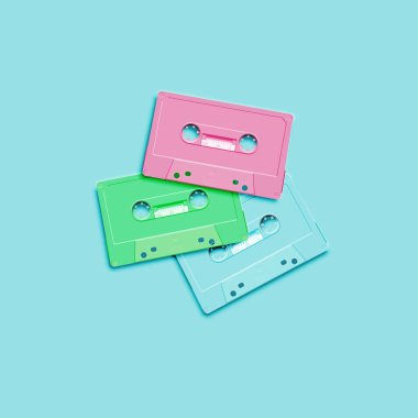 Düz arka plan, vektör illus retro gerçekçi kasette pastel