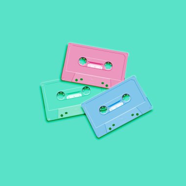 Düz arka plan, vektör illus retro gerçekçi kasette pastel