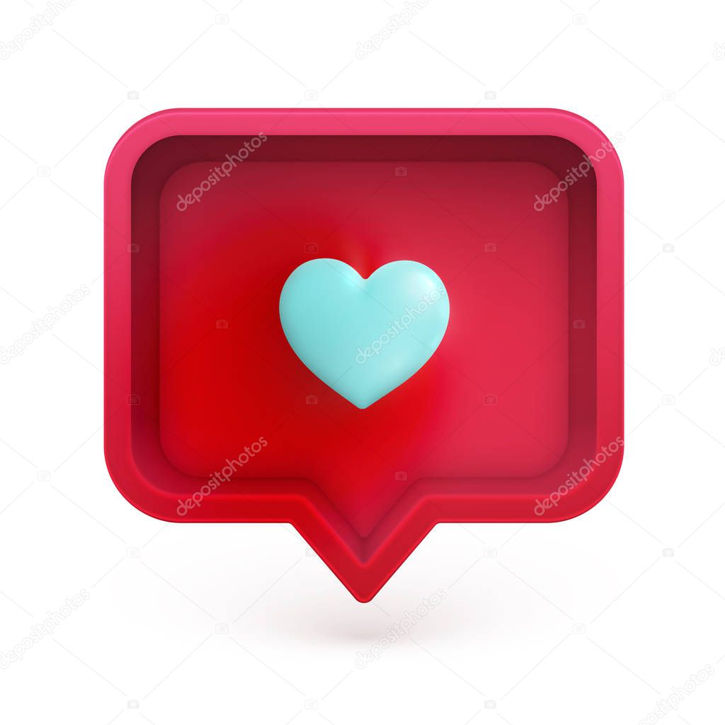 Realistic 3D speech bubble with colorful 3D heart, vector illust