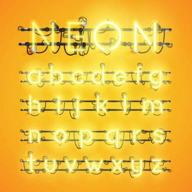 Telleri ve konsol, vektör çizim ile gerçekçi neon yazı tipi