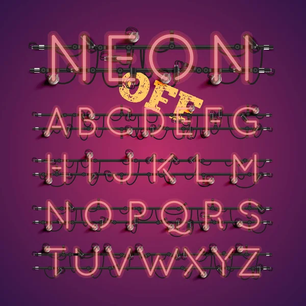 Reális neon betűtípus a vezetékek és a konzol, a vektoros illusztráció — Stock Vector