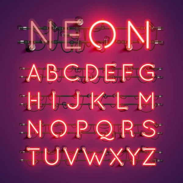 Realistic neon font with wires and console, vector illustration — Stock Vector