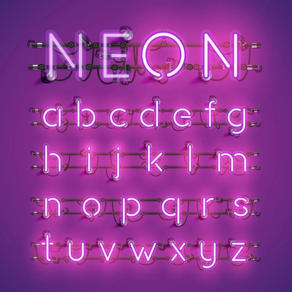 Realistic neon font with wires and console, vector illustration — Stock Vector