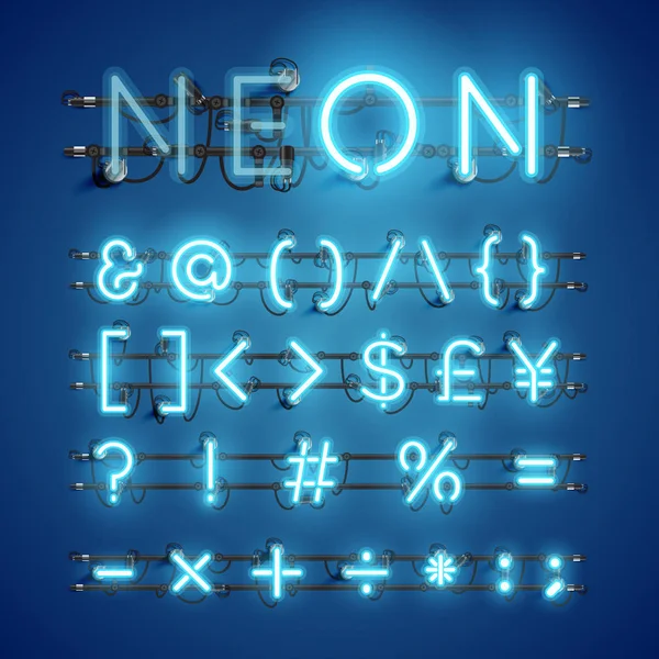 Realistic neon font with wires and console, vector illustration — Stock Vector