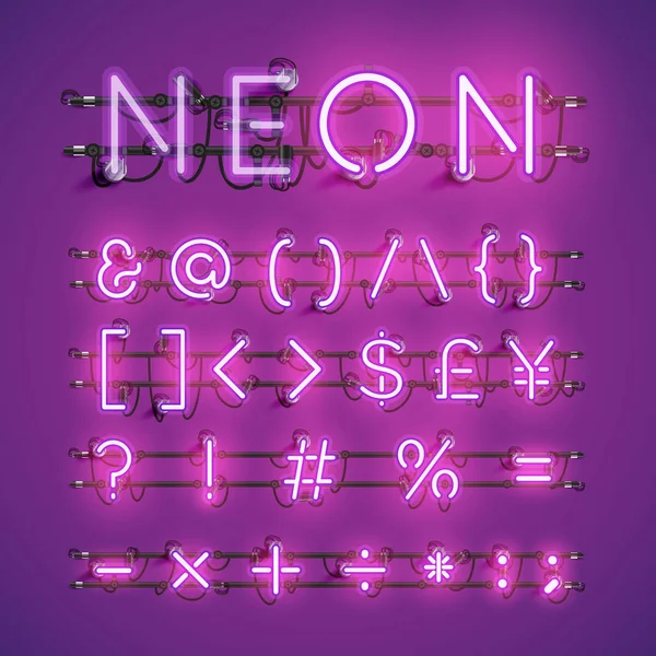 Reális neon betűtípus a vezetékek és a konzol, a vektoros illusztráció — Stock Vector