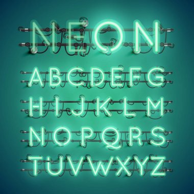 Telleri ve konsol, vektör çizim ile gerçekçi neon yazı tipi