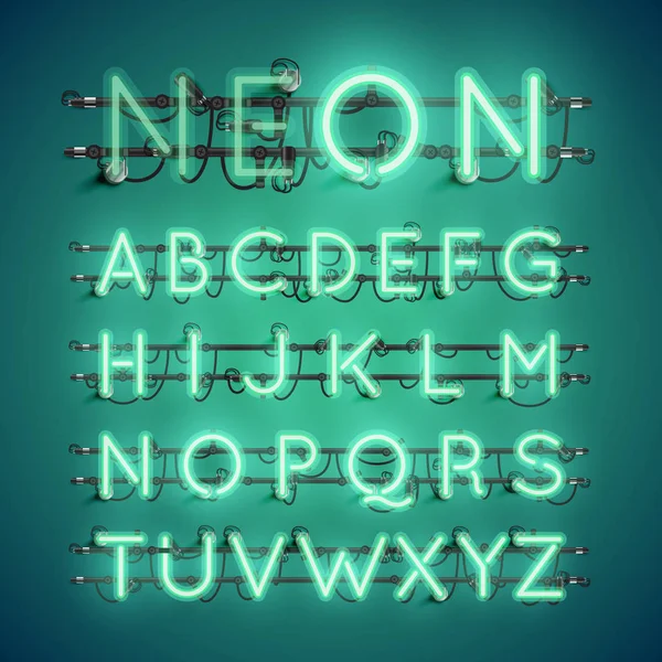 Realistic neon font with wires and console, vector illustration — Stock Vector