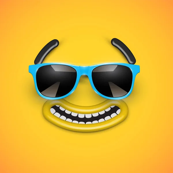 Emoticono feliz lindo con gafas de sol azules, ilustración vectorial — Vector de stock