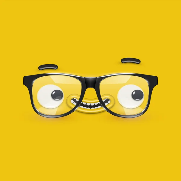 Cute emoticon face with eyeglasses on yellow background, vector — Stock Vector