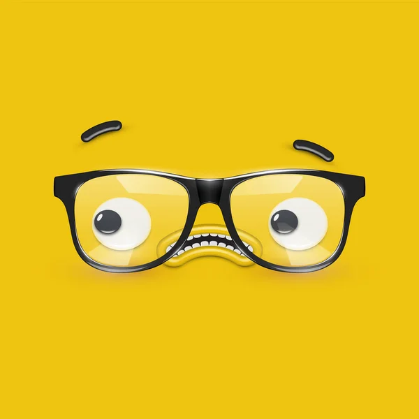 Cute emoticon face with eyeglasses on yellow background, vector — Stock Vector