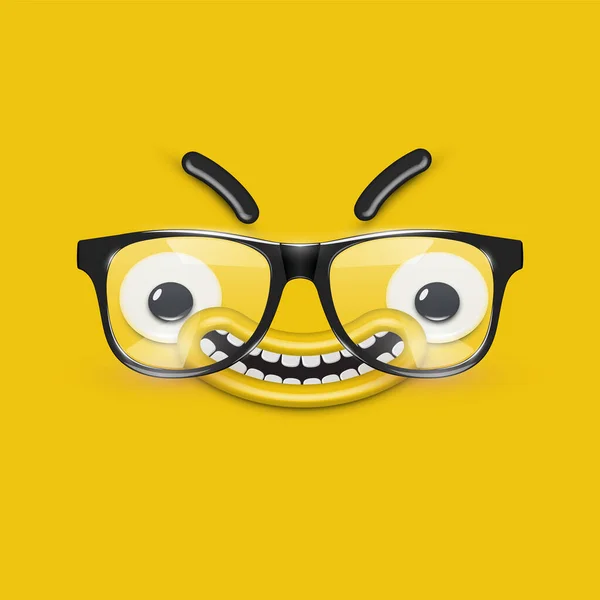 Roztomilý emotikon tvář s brýlemi na žlutém pozadí, vektor — Stockový vektor