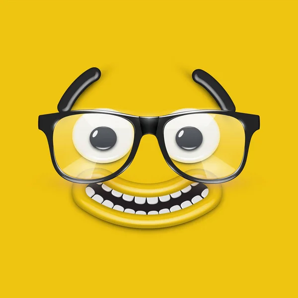 Mignon visage émoticône avec des lunettes sur fond jaune, vecteur — Image vectorielle