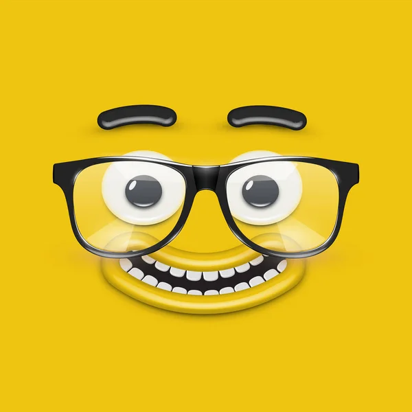 Mignon visage émoticône avec des lunettes sur fond jaune, vecteur — Image vectorielle