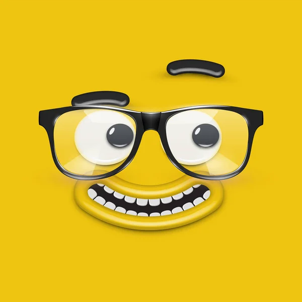 Cute emoticon face with eyeglasses on yellow background, vector — Stock Vector