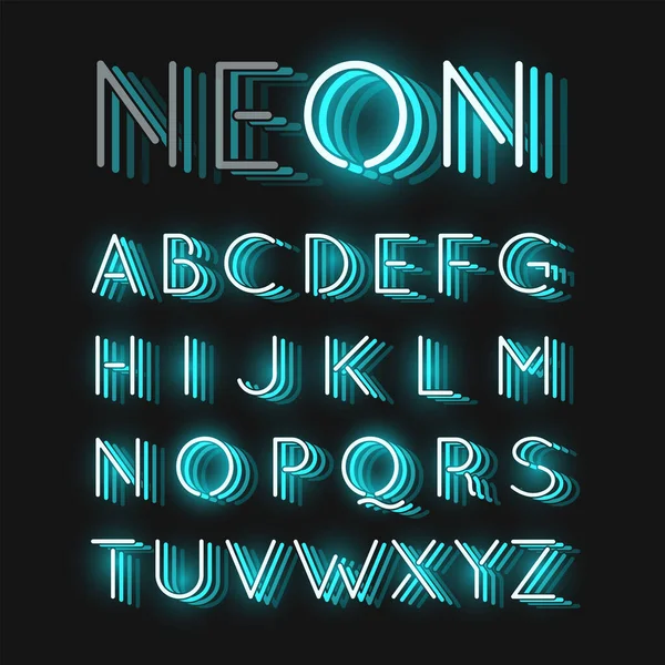 Turkos neon tecken teckensnitt som på svart bakgrund med refle — Stock vektor