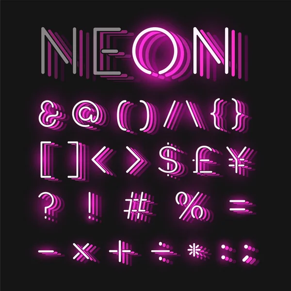 Pink neon character font set on black background with reflection — Stock Vector