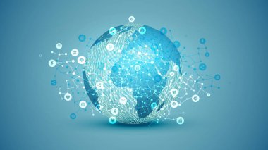 Bağlantıları ve simgeleri olan 3D dünya, illüstrasyon