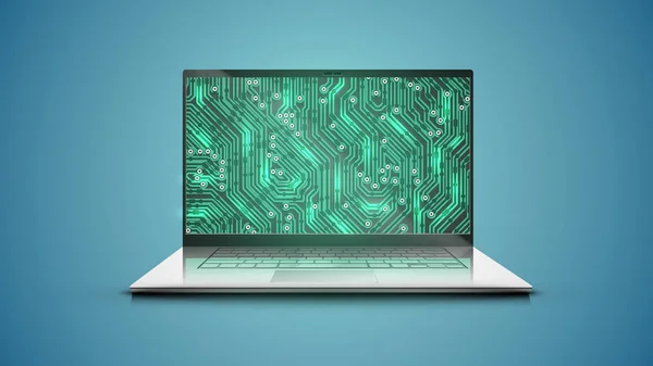 Realistischer Laptop mit grüner Stromkreis-Karte auf dem Bildschirm, Vecto — Stockvektor