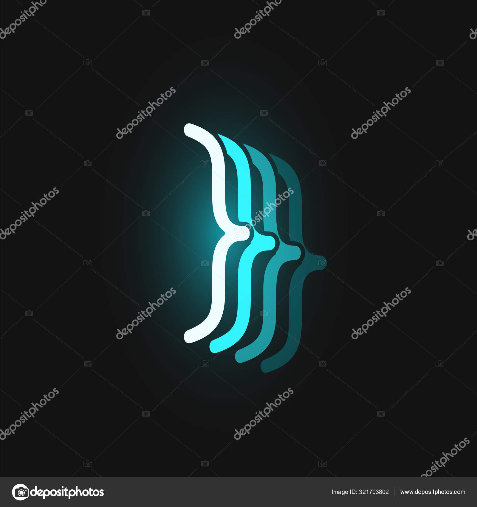 Blue neon character font on black background with reflections, v Stock