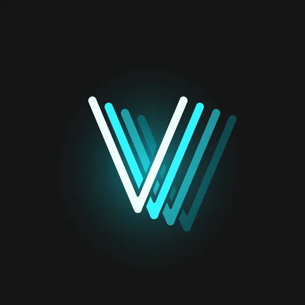 Blue neon character font on black background with reflections, V. — 스톡 벡터