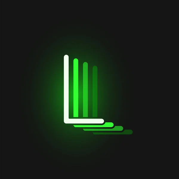Fuente de caracteres de neón verde sobre fondo negro con reflejos , — Vector de stock