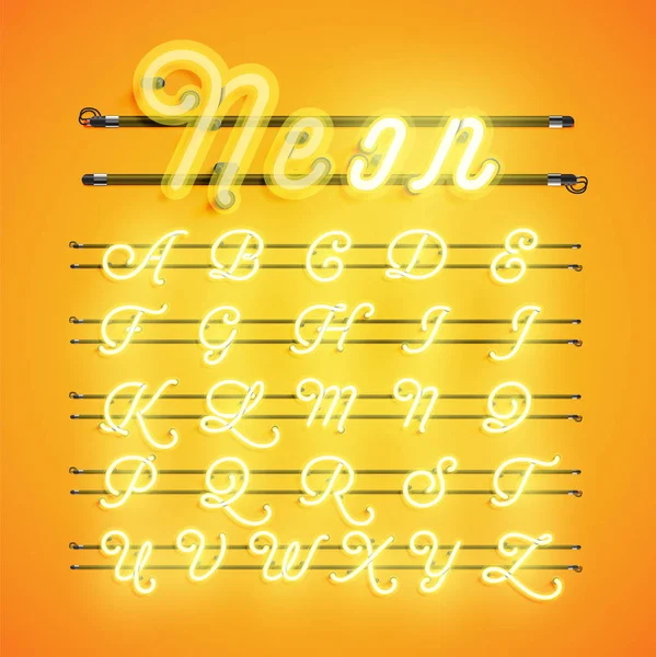 Желтый неоновый набор символов, векторная иллюстрация — стоковый вектор
