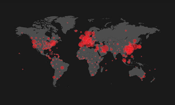 Map of the spread of the covid-19 virus by countries (2020-03-19)