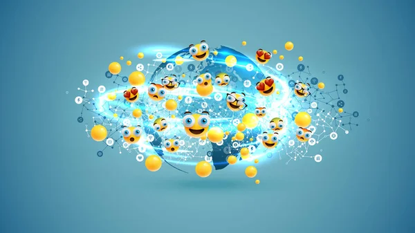 Different Yellow Emoticons Bubbles Light Swirls Network Vector Illustration — Stock Vector
