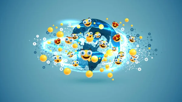 Different Yellow Emoticons Bubbles Globe Light Swirls Network Vector Illustration — Stock Vector