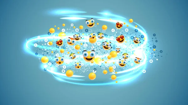 Diferentes Emoticons Amarelos Bolhas Com Redemoinhos Luz Rede Ilustração Vetorial — Vetor de Stock