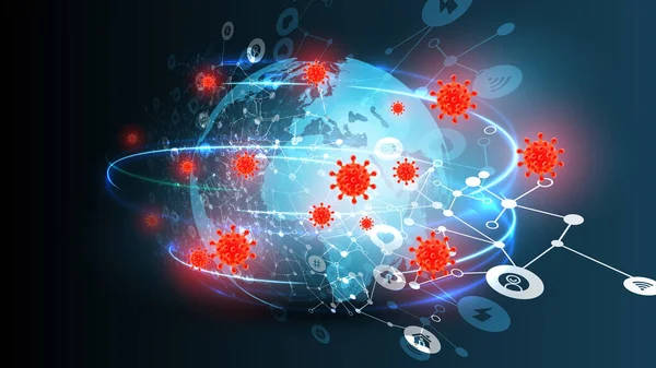 Blauw Abstract Netwerk Backround Met Globe Amd Coronavirus Vector Illustratie — Stockvector