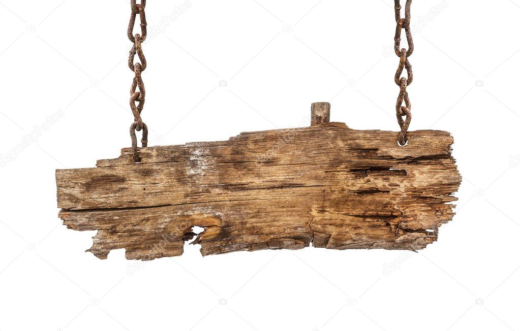 Wooden sign and chain hanging 