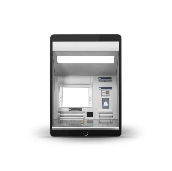 Tablet ordenador con ATM como pantalla aislada sobre fondo brillante —  Fotos de Stock