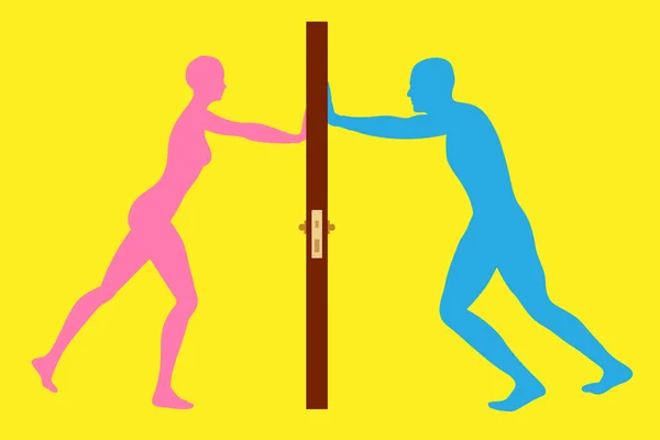 Man och kvinna driva en dörr från motsatt riktning — Stock vektor