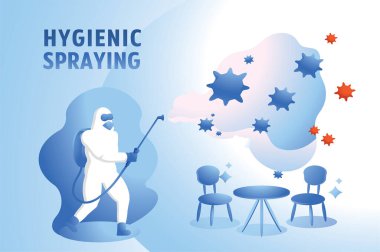 Kahve dükkanında virüsü temizlerken tehlikeli madde giysisi giyen bir adam kahve kafesinde hijyenik sprey sıkarken.