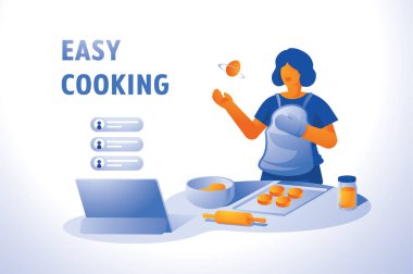 Genç bir kadın çevrimiçi kurs temsili ile evde canlı yemek pişiriyor.