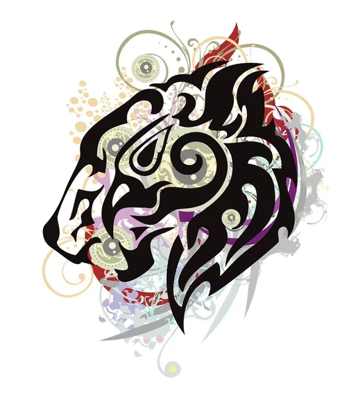 Tête de lion grognante formée par la tête d'un aigle aux éclaboussures colorées — Image vectorielle